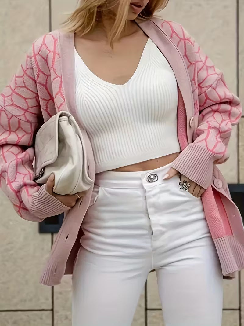 Women's Button-Front Cardigan with Geometric Pattern