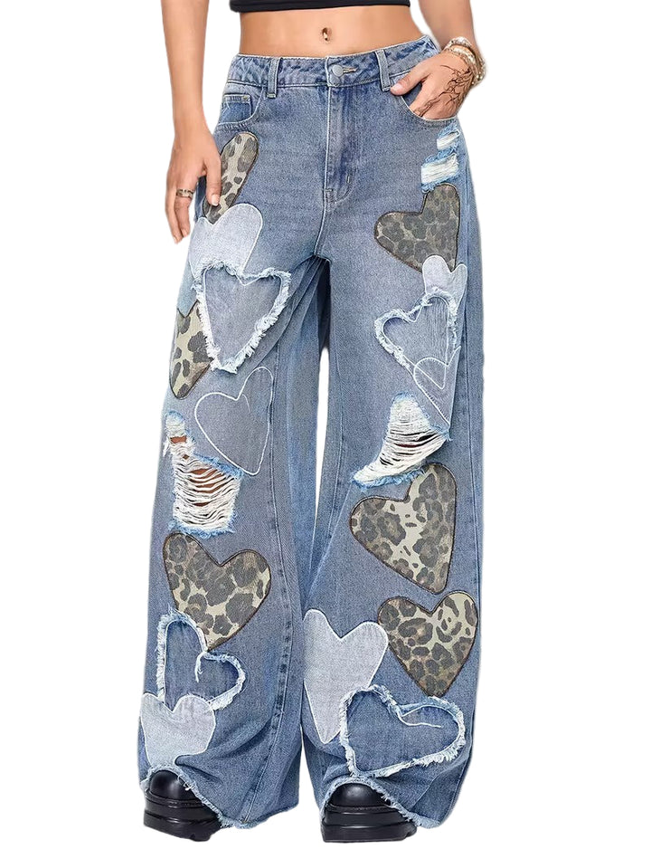 Women's Wide-Leg Pants with Heart Pattern