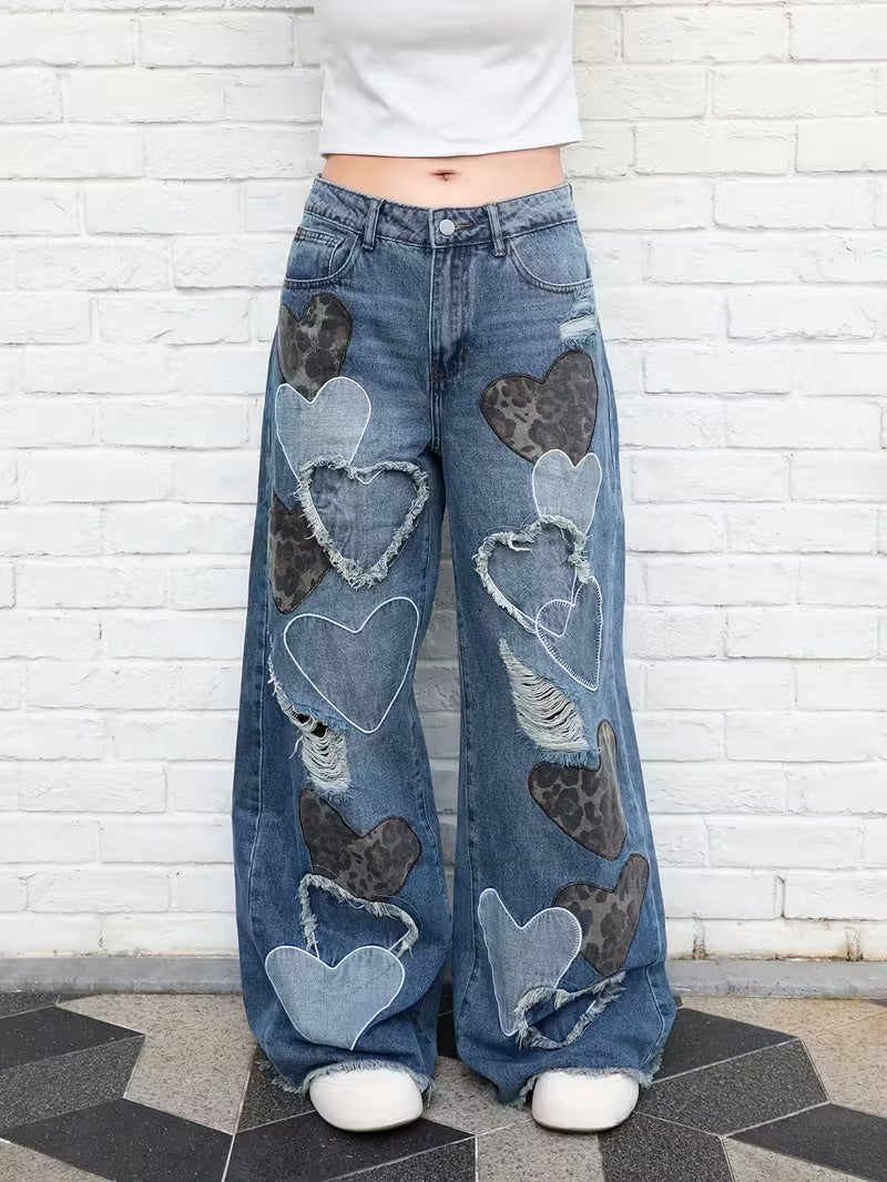 Women's Wide-Leg Pants with Heart Pattern