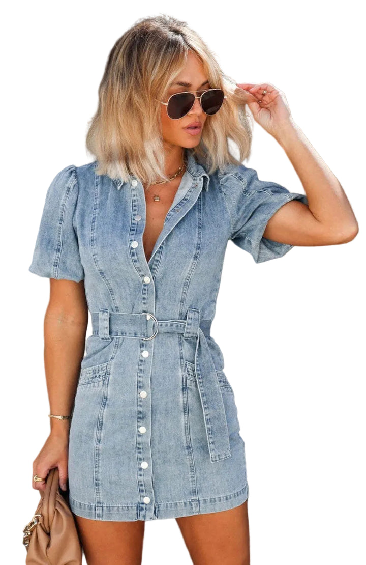 Womens Denim Mini Dress with Button Front and Waist Belt