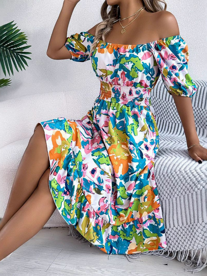 Womens Floral Midi Dress with Off Shoulder Neckline and Puff Sleeves