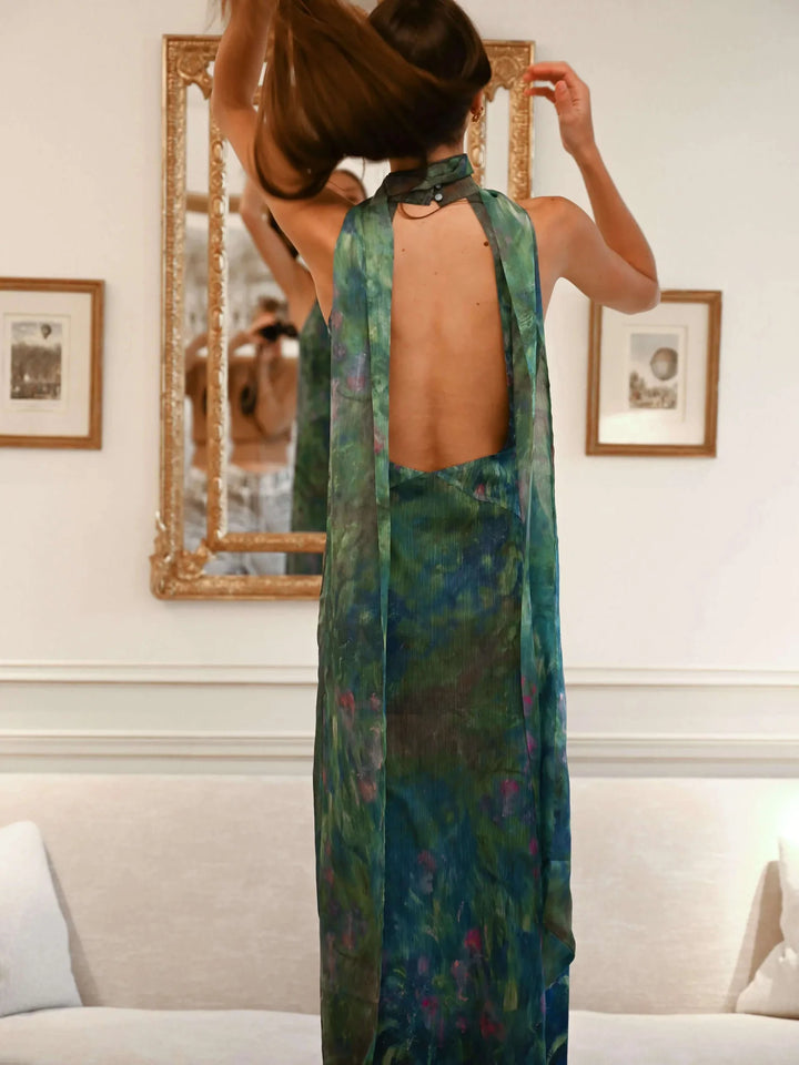 Womens Halter Neck Maxi Dress with Abstract Print and Keyhole Front