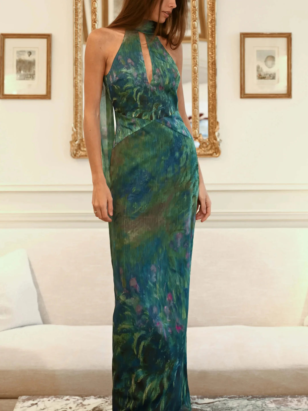 Womens Halter Neck Maxi Dress with Abstract Print and Keyhole Front
