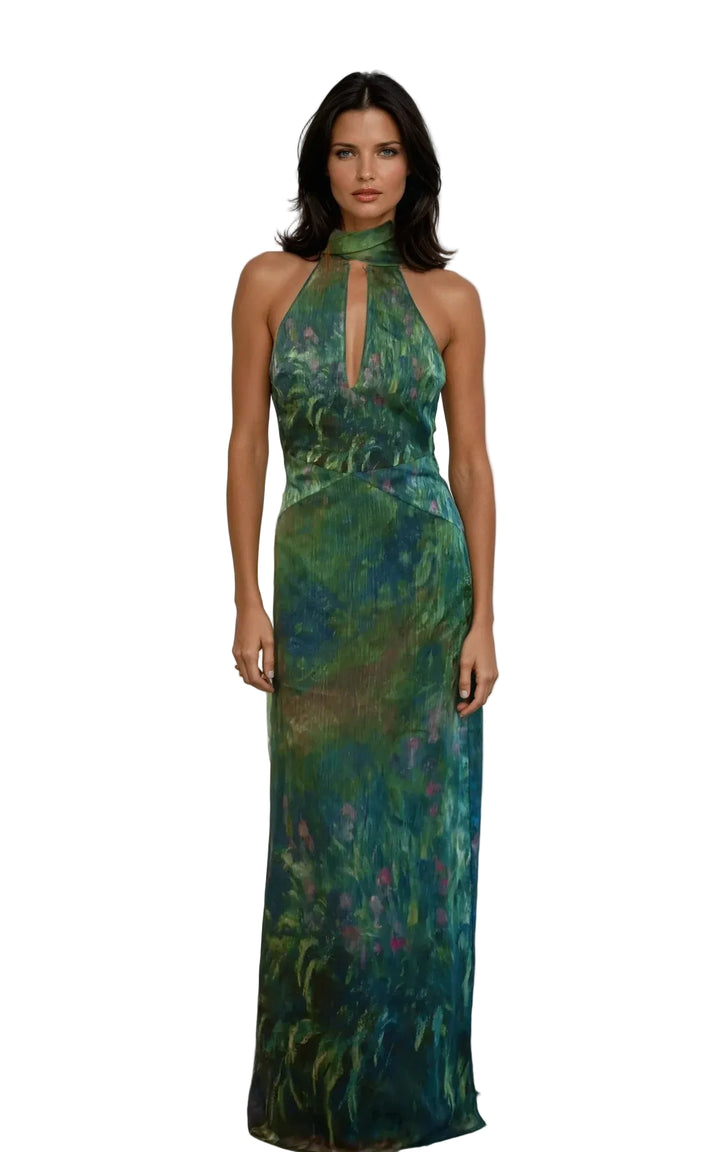 Womens Halter Neck Maxi Dress with Abstract Print and Keyhole Front