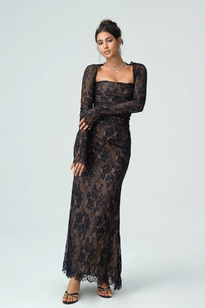 Womens Lace Maxi Dress with Square Neck and Long Sleeves