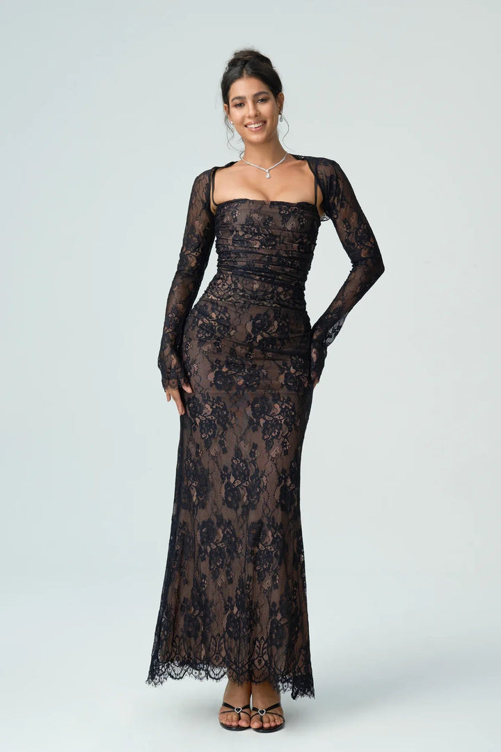 Womens Lace Maxi Dress with Square Neck and Long Sleeves