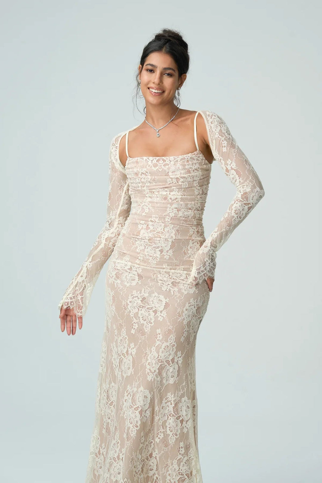 Womens Lace Maxi Dress with Square Neck and Long Sleeves