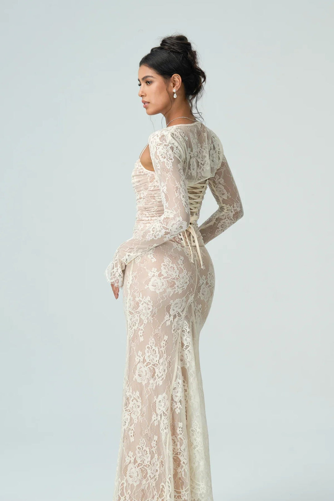 Womens Lace Maxi Dress with Square Neck and Long Sleeves