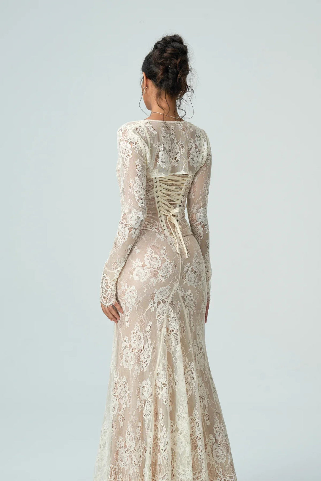 Womens Lace Maxi Dress with Square Neck and Long Sleeves