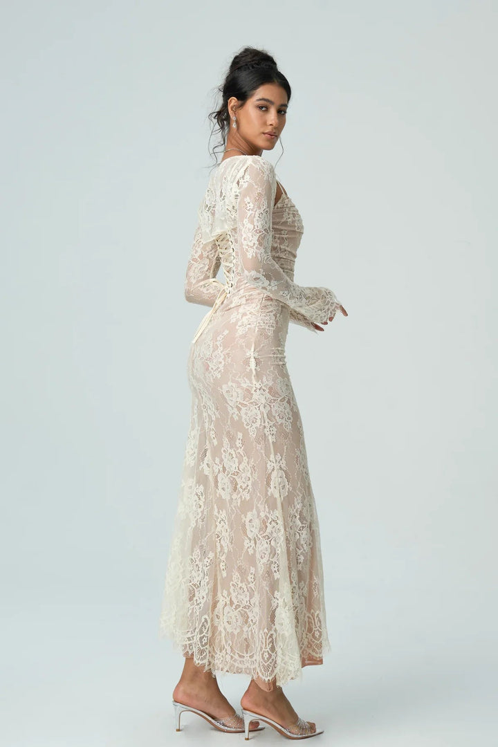Womens Lace Maxi Dress with Square Neck and Long Sleeves