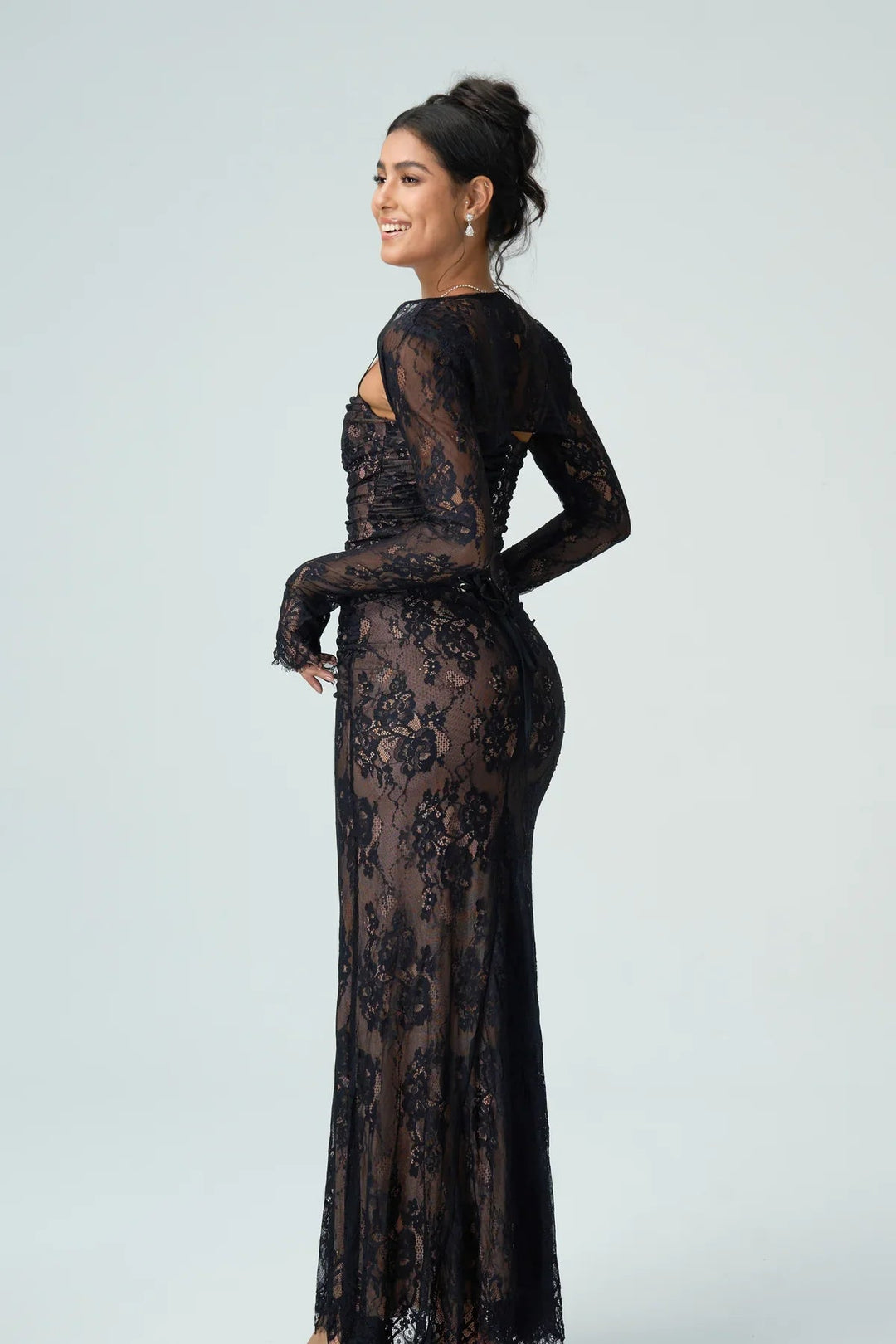 Womens Lace Maxi Dress with Square Neck and Long Sleeves