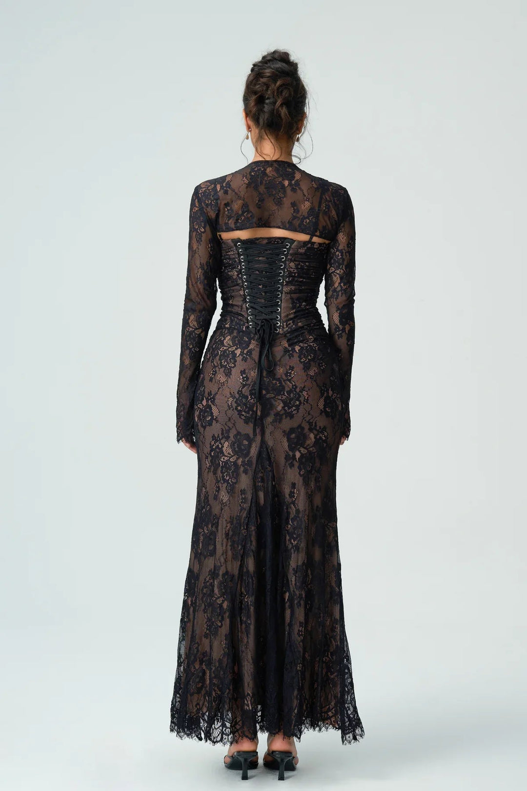 Womens Lace Maxi Dress with Square Neck and Long Sleeves
