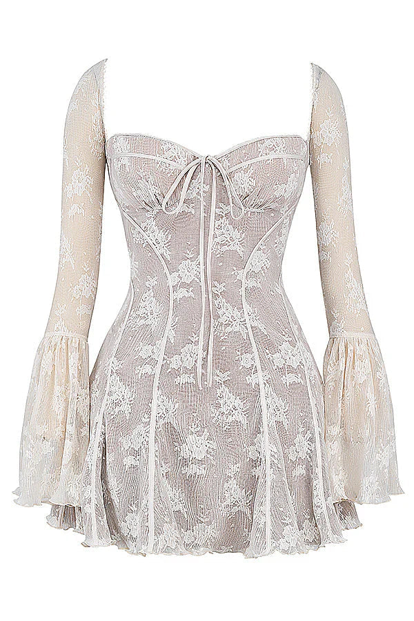 Womens Lace Mini Dress with Long Sleeves and Flared Cuffs