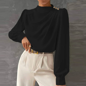 Womens Long Sleeve Blouse with Mock Neck and Button Shoulder Detail