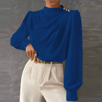 Womens Long Sleeve Blouse with Mock Neck and Button Shoulder Detail