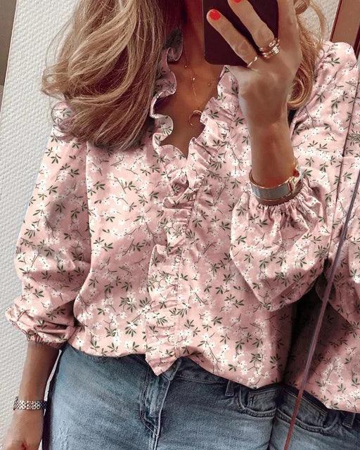Womens Long Sleeve Blouse with Ruffle Trim Front