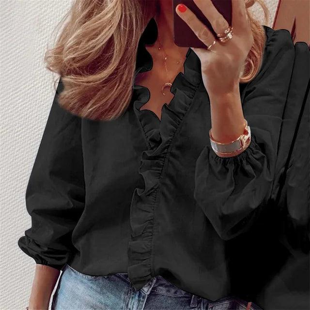 Womens Long Sleeve Blouse with Ruffle Trim Front