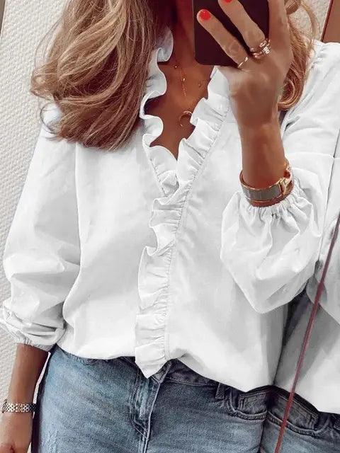 Womens Long Sleeve Blouse with Ruffle Trim Front