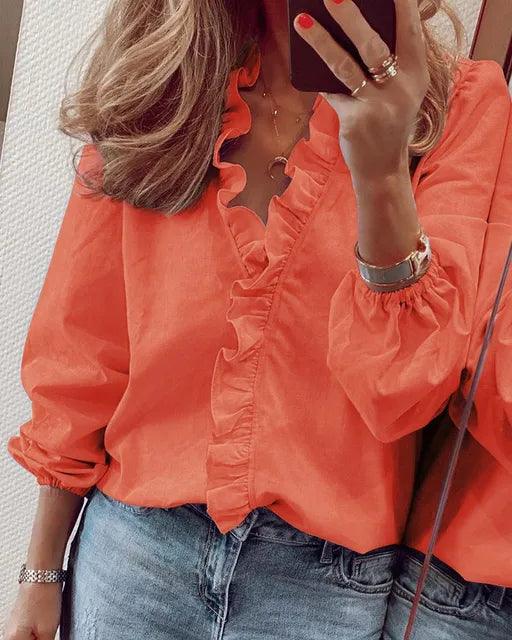 Womens Long Sleeve Blouse with Ruffle Trim Front