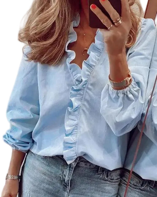 Womens Long Sleeve Blouse with Ruffle Trim Front