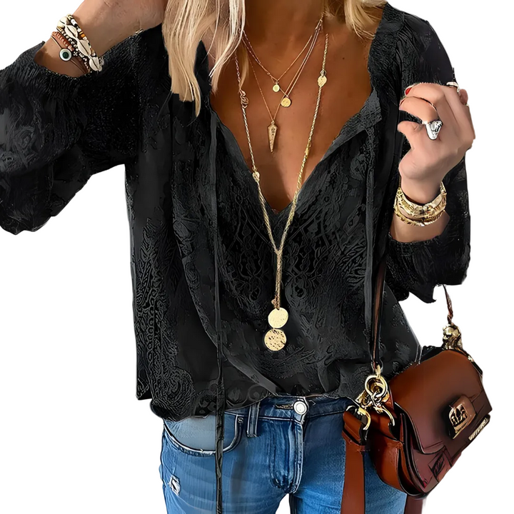 Womens Long Sleeve Blouse with V-Neck and Textured Pattern