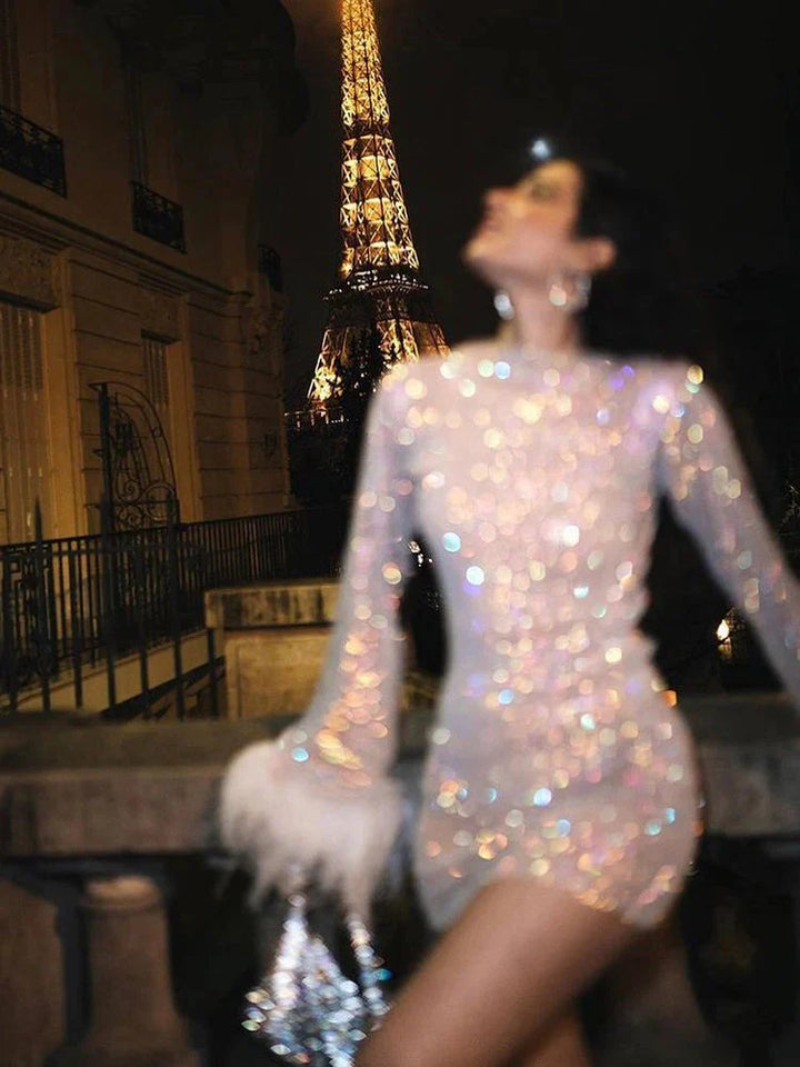 Womens Long Sleeve Sequin Mini Dress with Feather Trim Cuffs