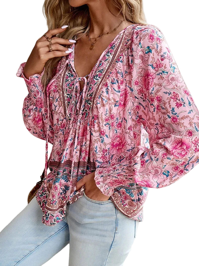 Women’s Long Sleeve Top with V Neck and Tie Front Detail
