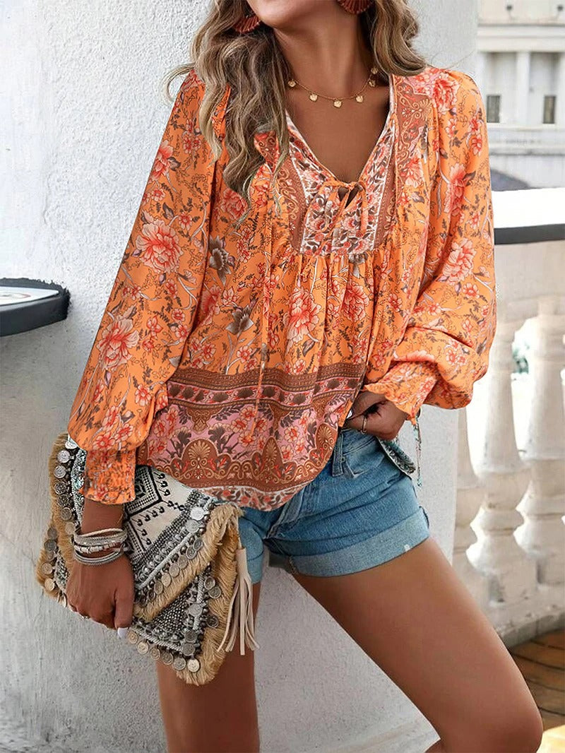 Women’s Long Sleeve Top with V Neck and Tie Front Detail