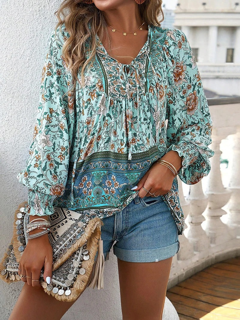 Women’s Long Sleeve Top with V Neck and Tie Front Detail