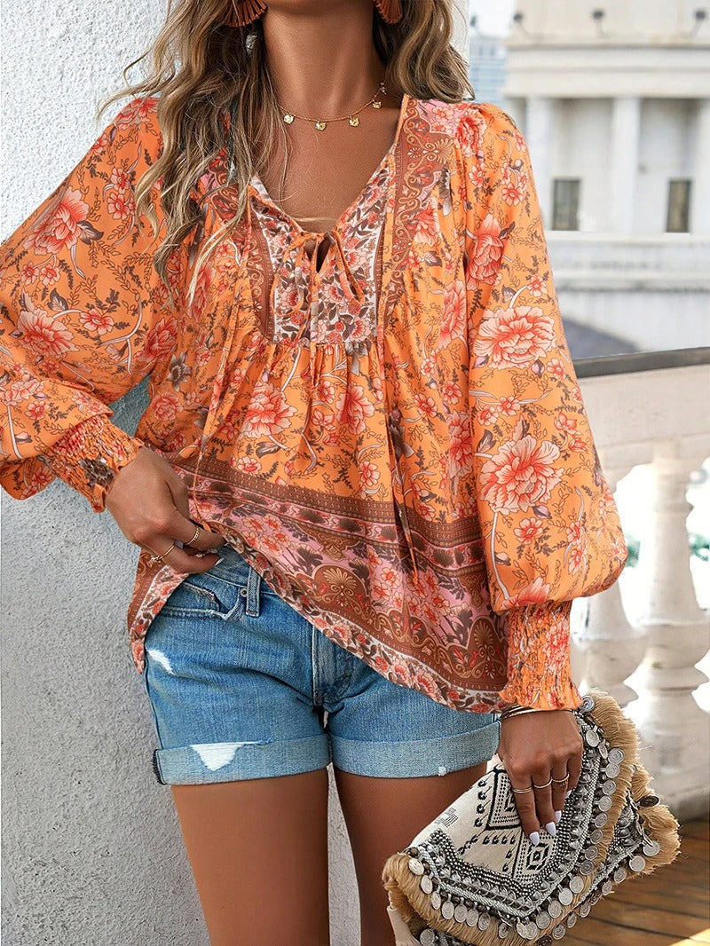 Women’s Long Sleeve Top with V Neck and Tie Front Detail