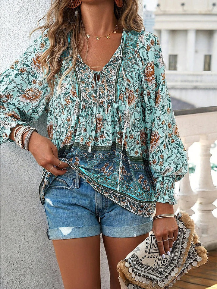 Women’s Long Sleeve Top with V Neck and Tie Front Detail