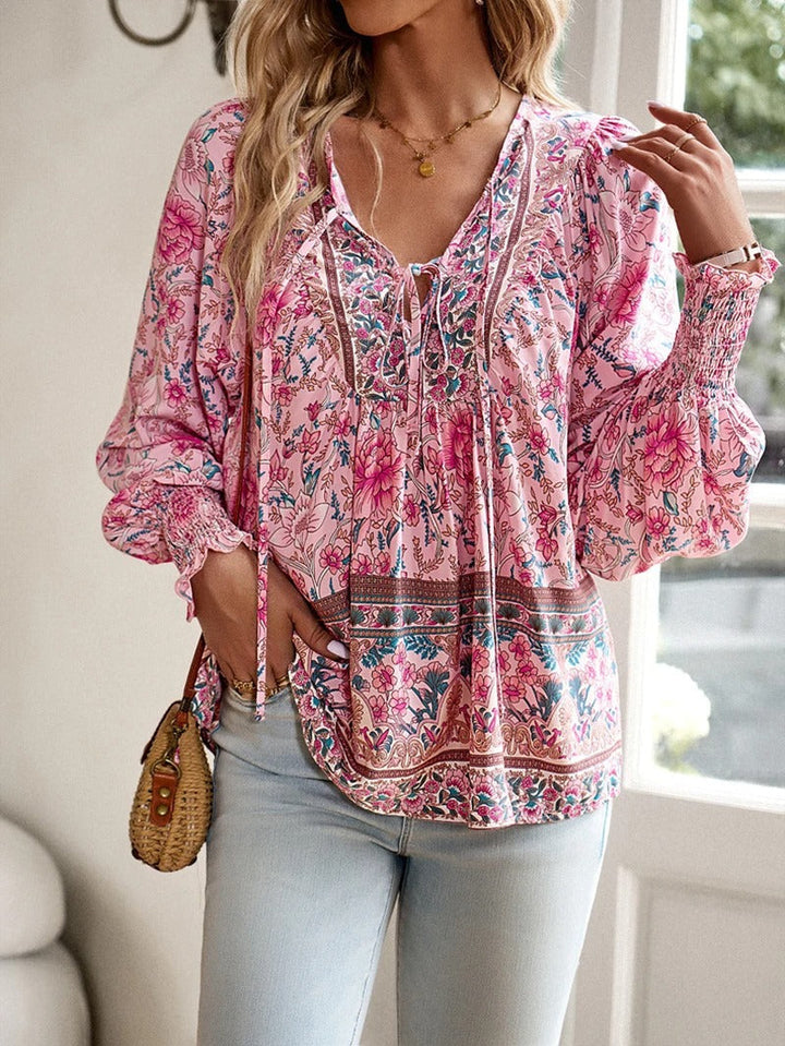 Women’s Long Sleeve Top with V Neck and Tie Front Detail