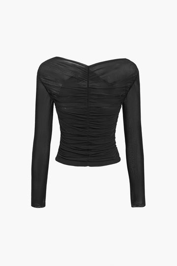 Womens Mesh Long Sleeve Top with Ruched Wrap Front