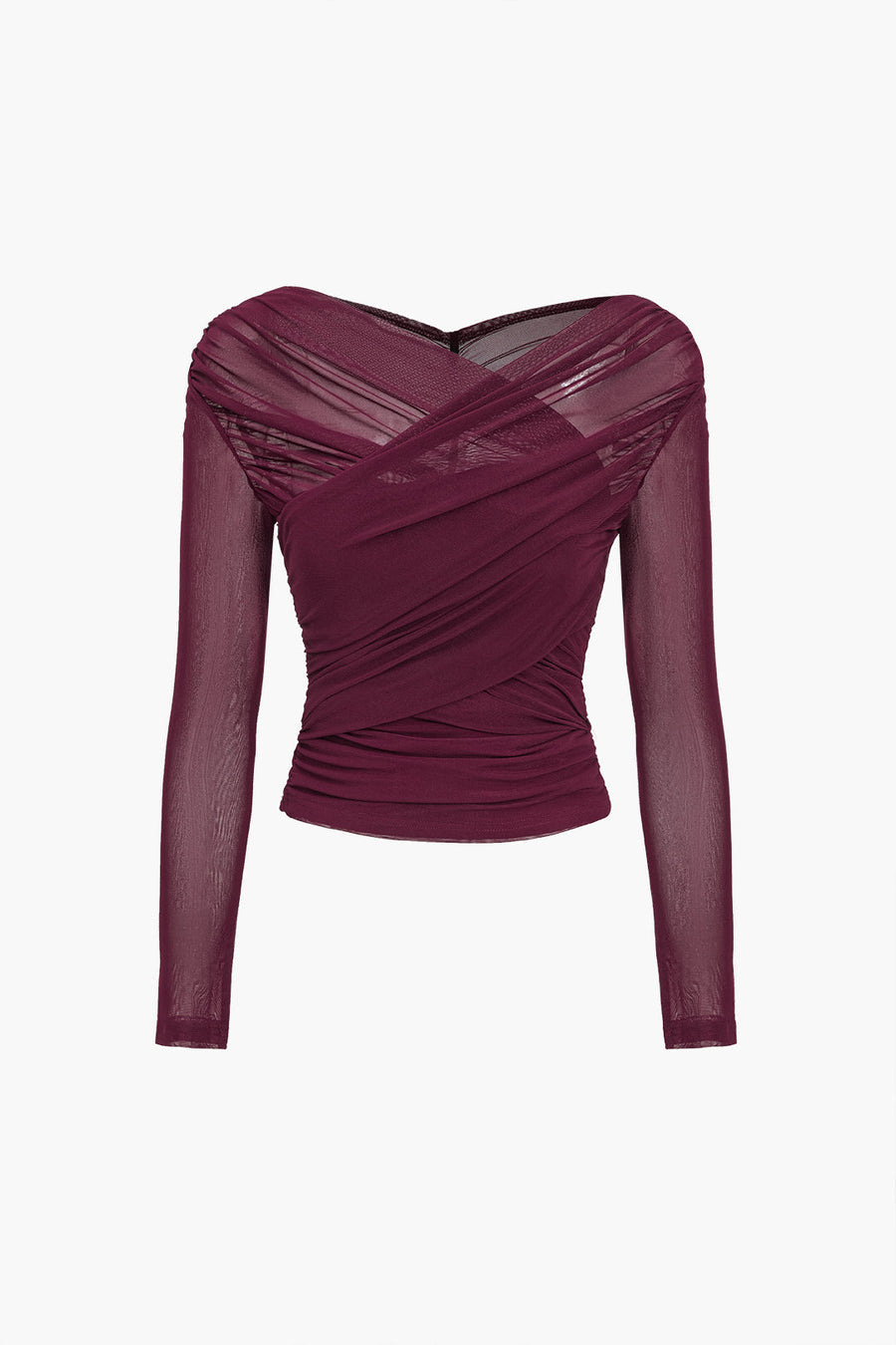 Womens Mesh Long Sleeve Top with Ruched Wrap Front