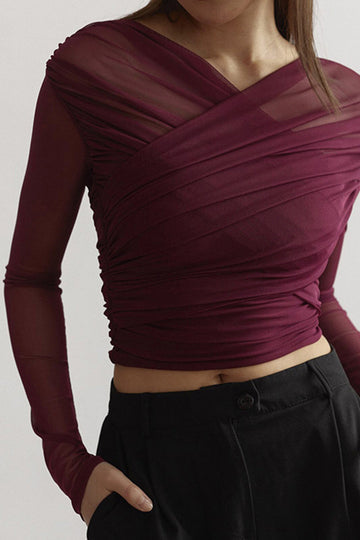 Womens Mesh Long Sleeve Top with Ruched Wrap Front
