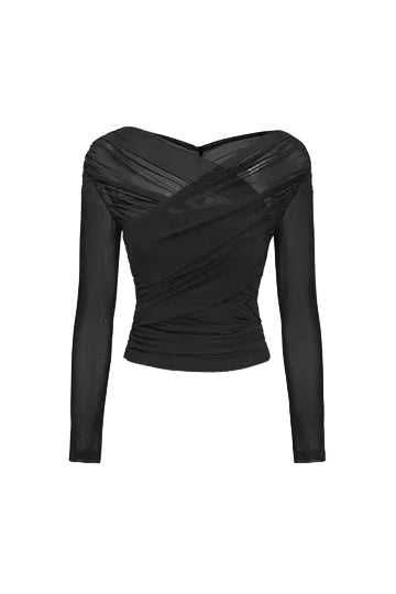 Womens Mesh Long Sleeve Top with Ruched Wrap Front