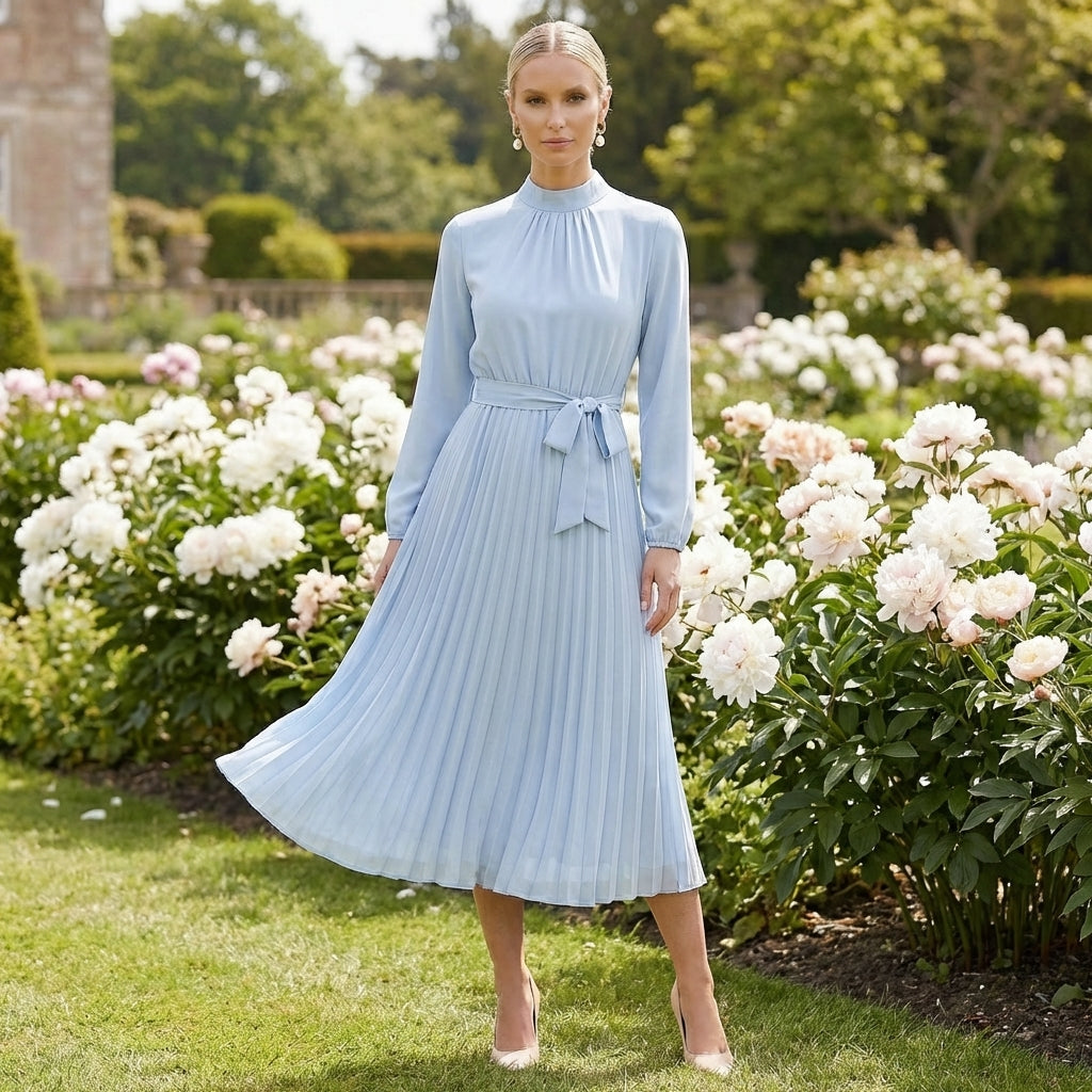 Womens Pleated Midi Dress with Mock Neck and Waist Tie