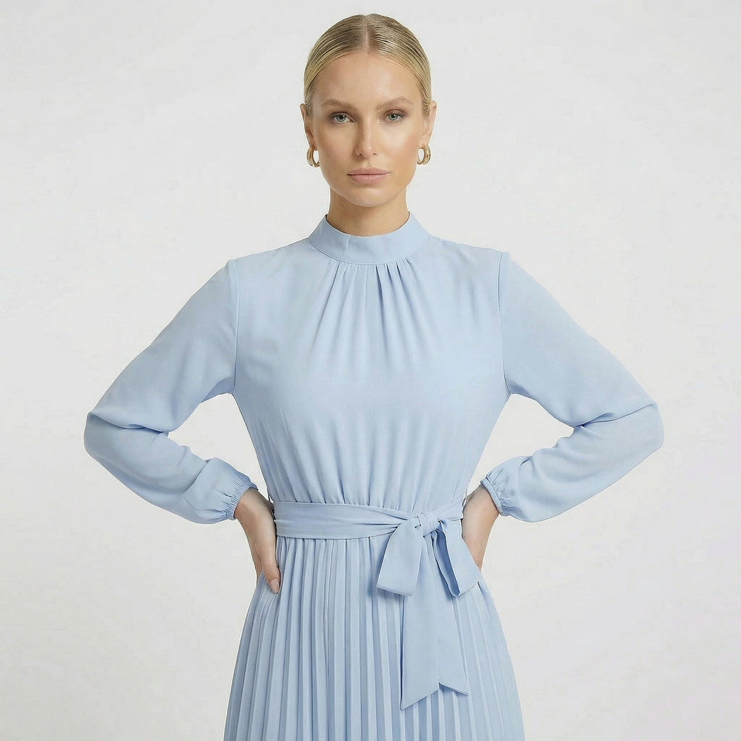 Womens Pleated Midi Dress with Mock Neck and Waist Tie