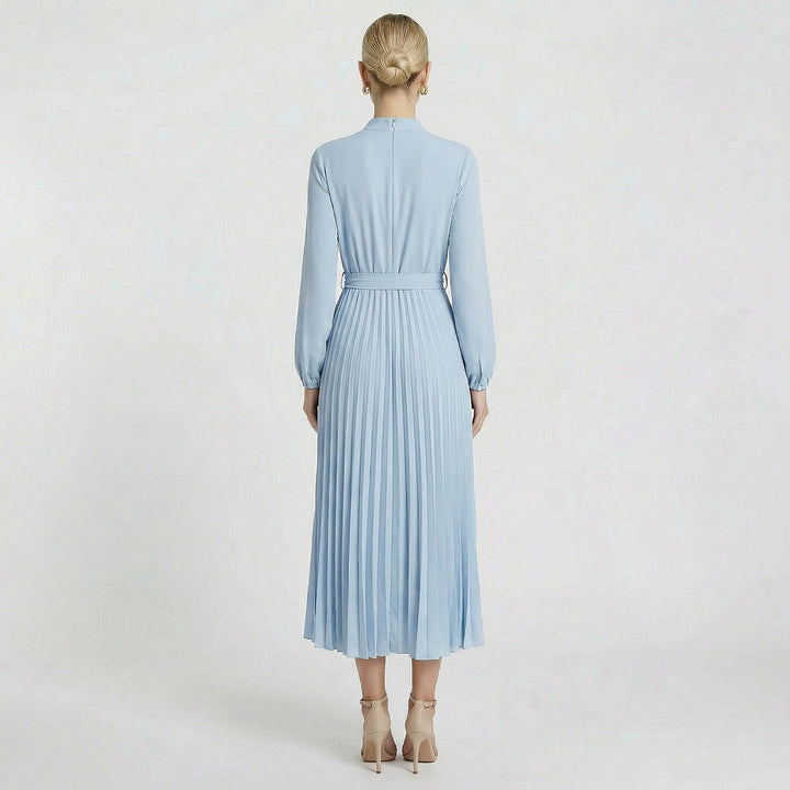 Womens Pleated Midi Dress with Mock Neck and Waist Tie