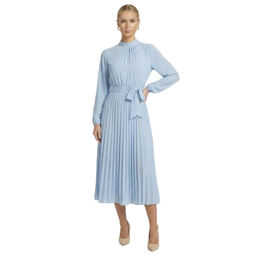 Womens Pleated Midi Dress with Mock Neck and Waist Tie