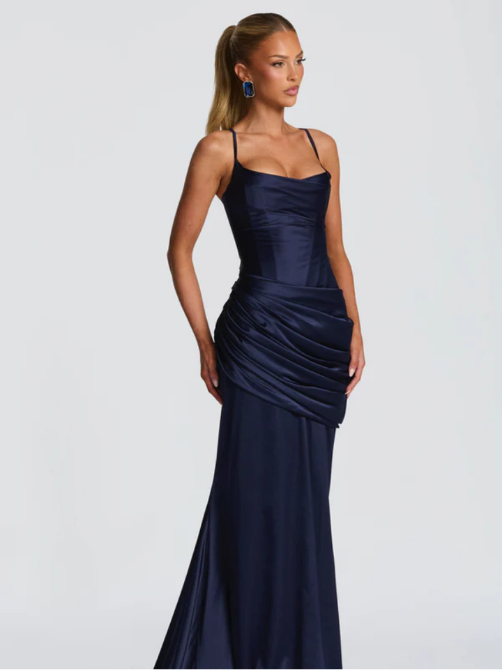 Womens Satin Maxi Dress with Spaghetti Straps and Draped Waist