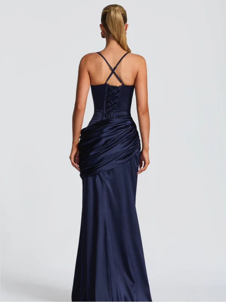 Womens Satin Maxi Dress with Spaghetti Straps and Draped Waist