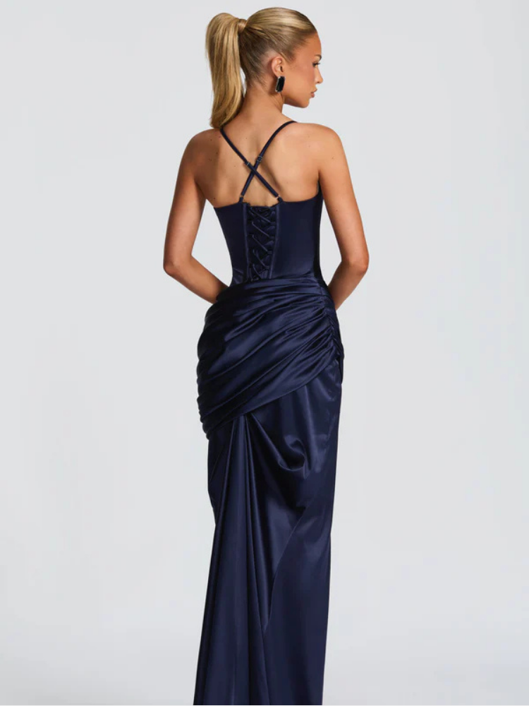 Womens Satin Maxi Dress with Spaghetti Straps and Draped Waist