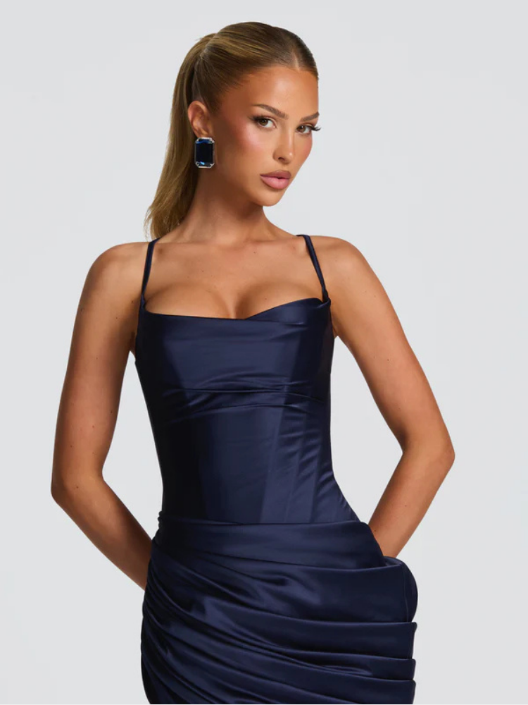 Womens Satin Maxi Dress with Spaghetti Straps and Draped Waist