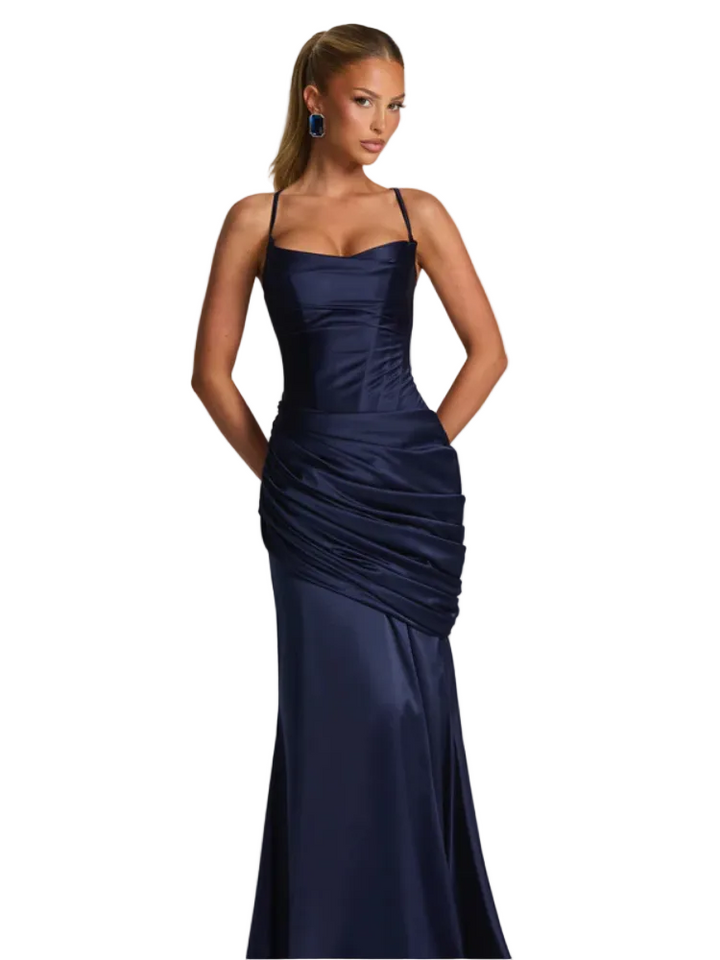 Womens Satin Maxi Dress with Spaghetti Straps and Draped Waist