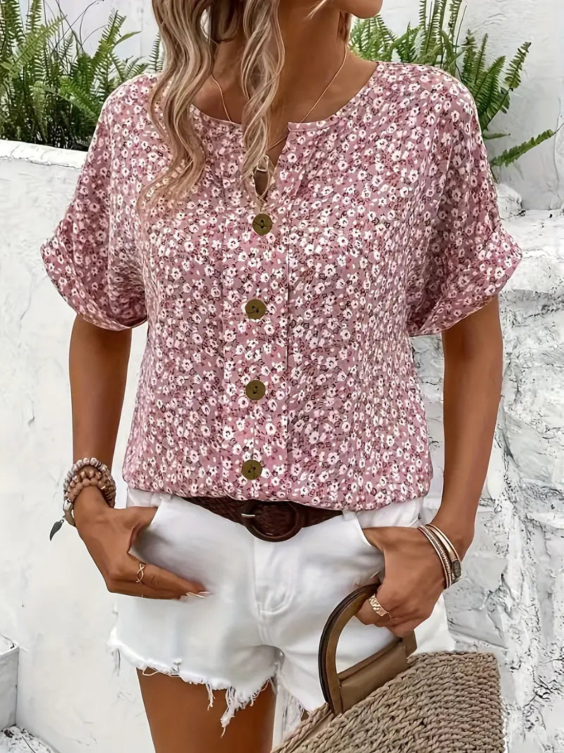 Women’s Short Sleeve Top with V Neck and Button Front
