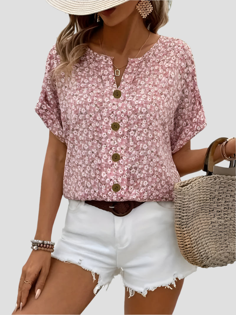 Women’s Short Sleeve Top with V Neck and Button Front