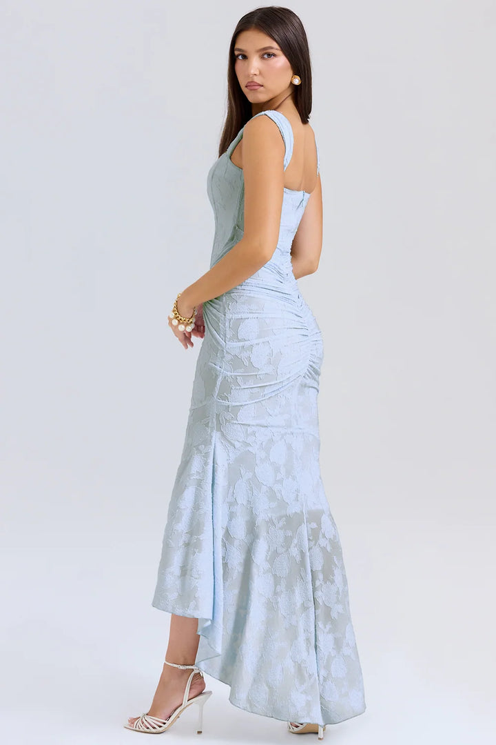 Womens Sleeveless Lace Maxi Dress with Draped Waist Detail