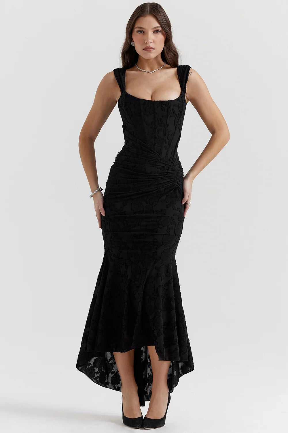 Womens Sleeveless Lace Maxi Dress with Draped Waist Detail