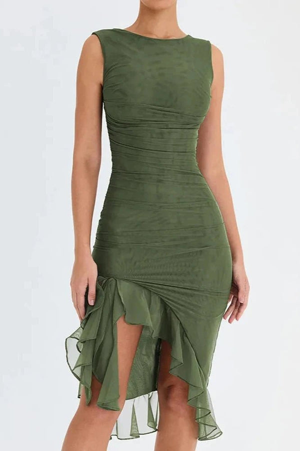 Womens Sleeveless Midi Dress with Ruched Body and Asymmetrical Hem